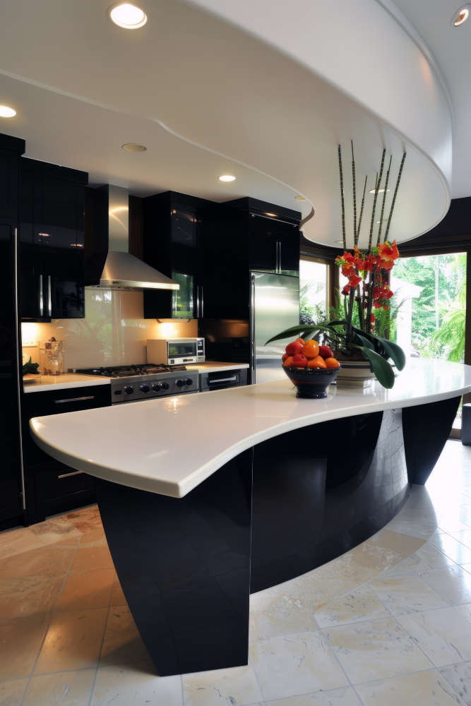 Contemporary kitchen remodel featuring black and white cabinetry and a large marble island
